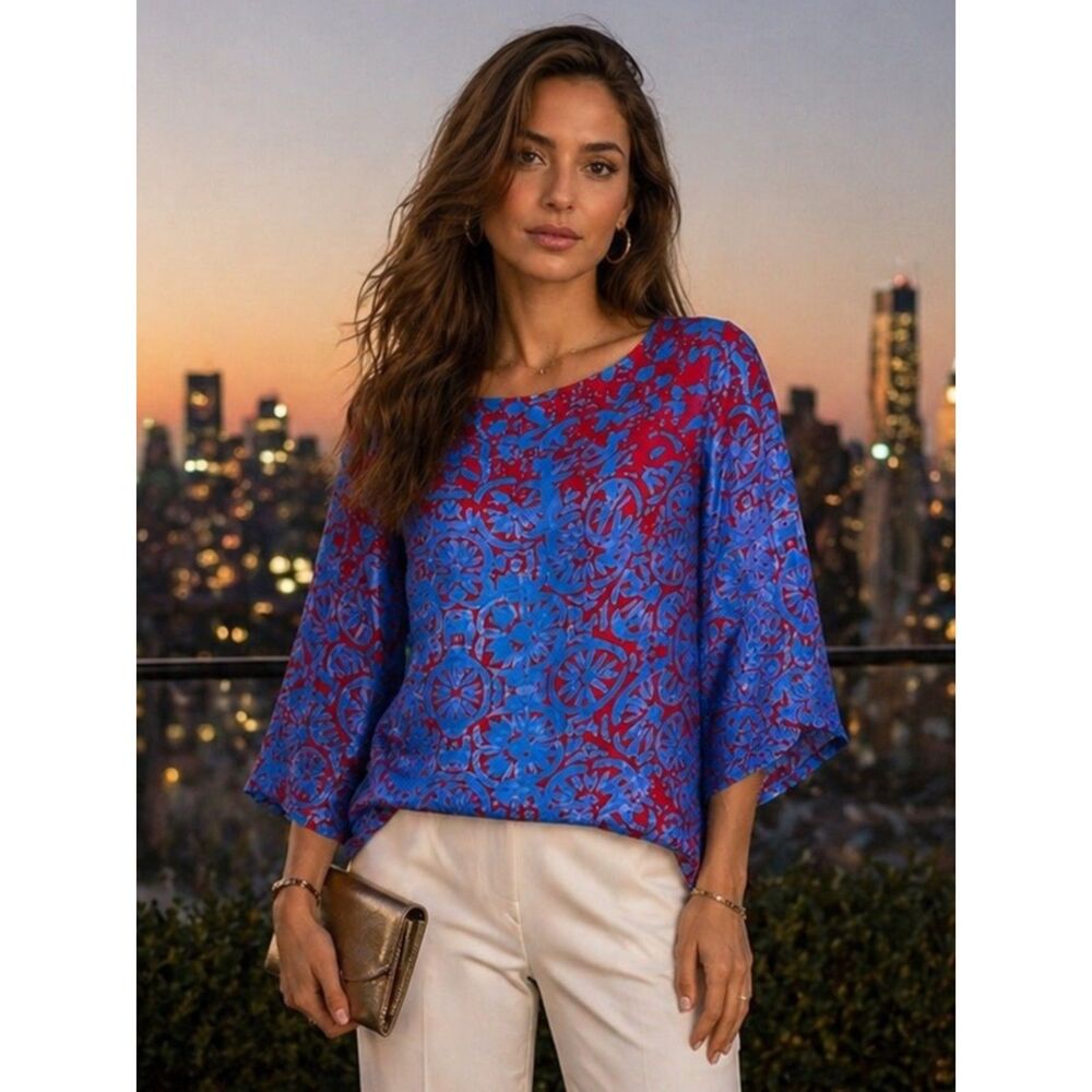 Ann Mashburn Silk Blouse Small Blue Red Print 3/4 Sleeve Tunic Top